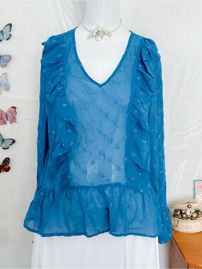 Boho romantic girly frilled embroidered eyelet blue blouse